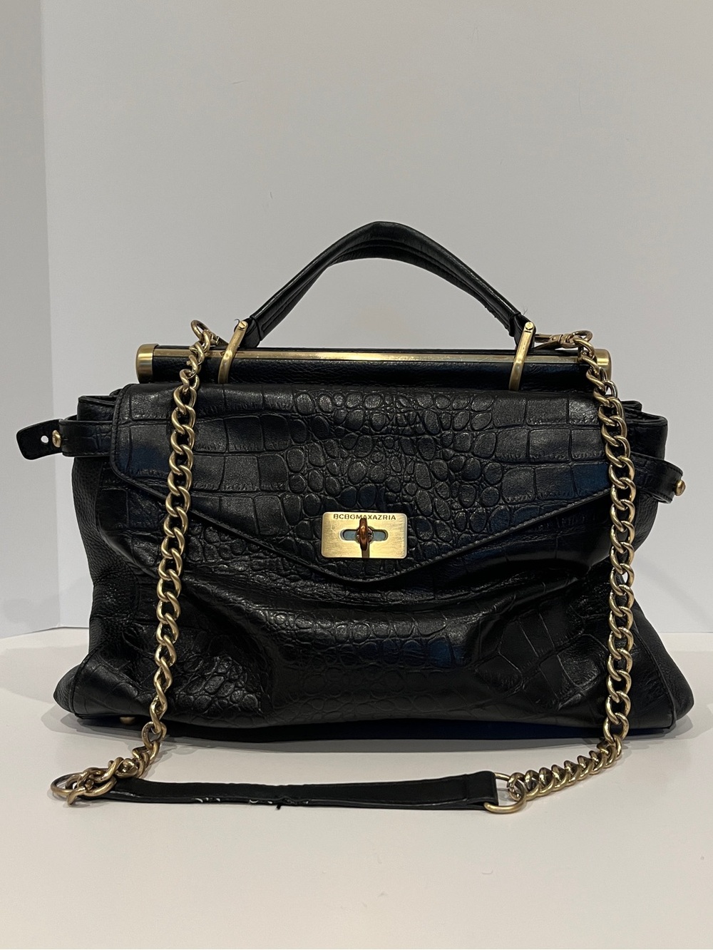 BCBGMaxAzria Milano Satchel Black Croc Leather Top Handle Crossbody Gold Chain